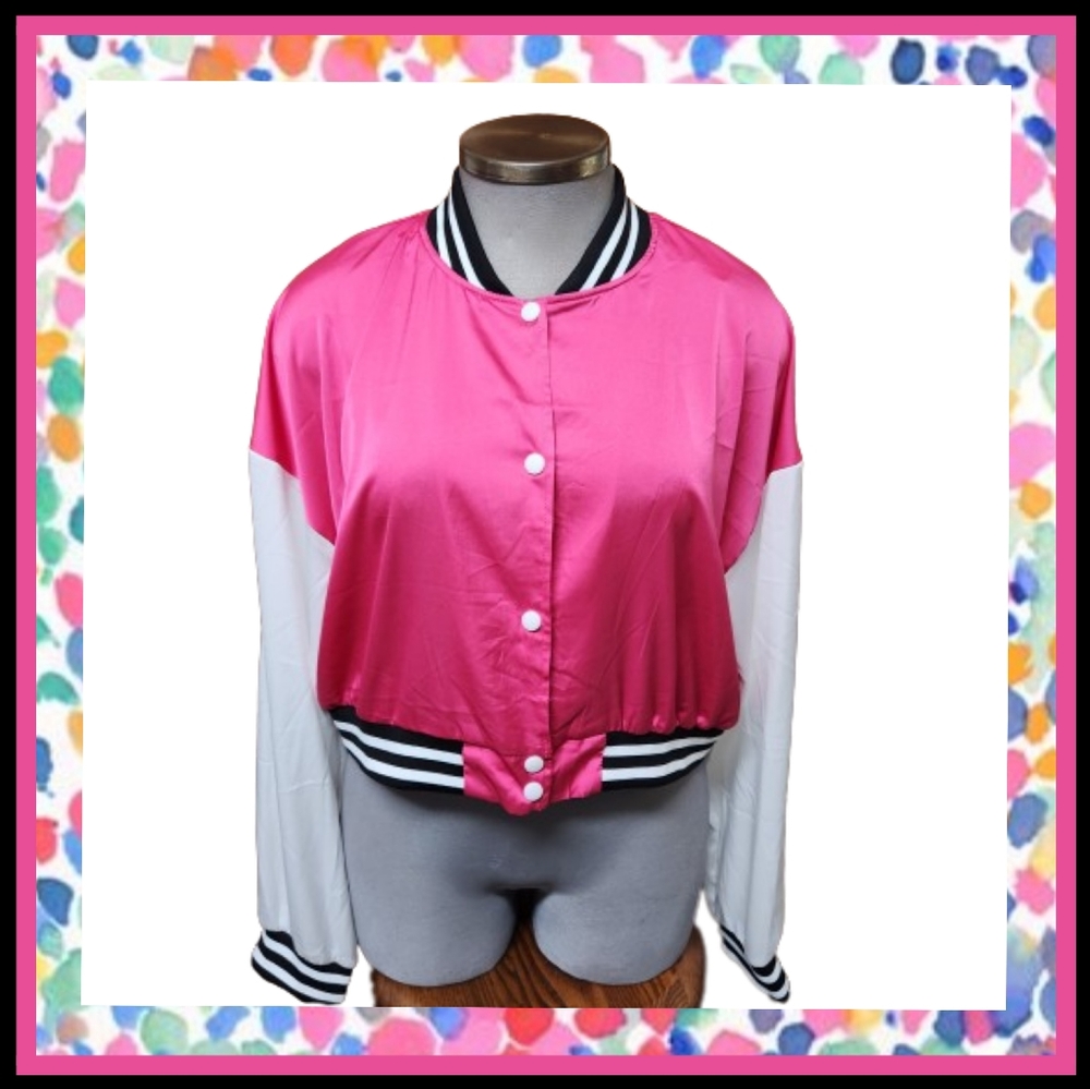 HOT PINK SATIN ☆ BASEBALL STYLE ☆ CROPPED LIGHTWEIGHT JACKET ☆ NWT